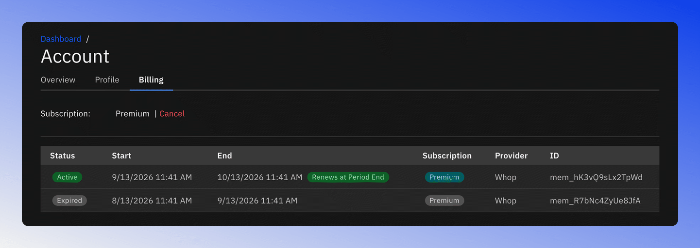 Screenshot of the account billing page.