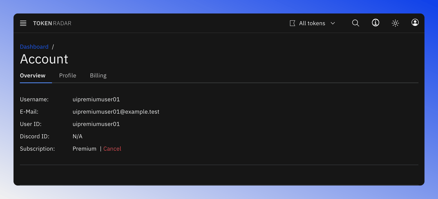 Account overview tab with username, e-mail, user ID and subscription.