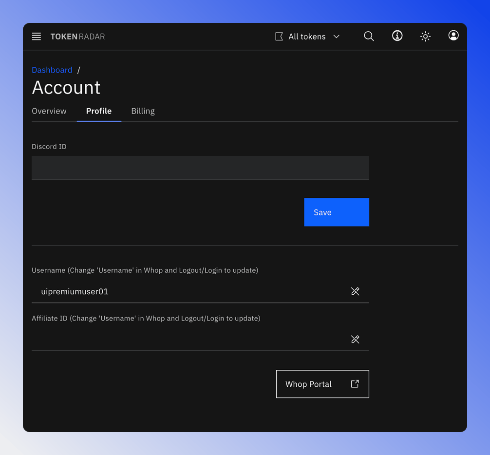 Account profile tab with username and affiliate ID.