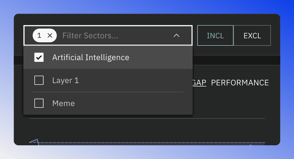 Sector filter interface for selecting tokens by sector