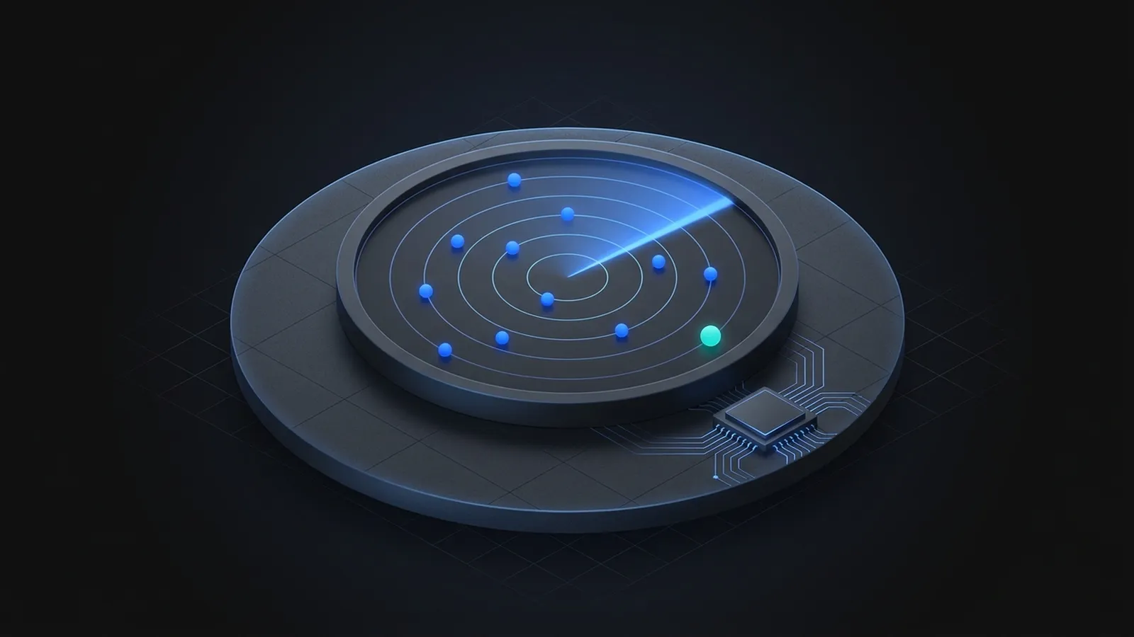 Illustration of a radar screen detecting tokens next to an AI chip