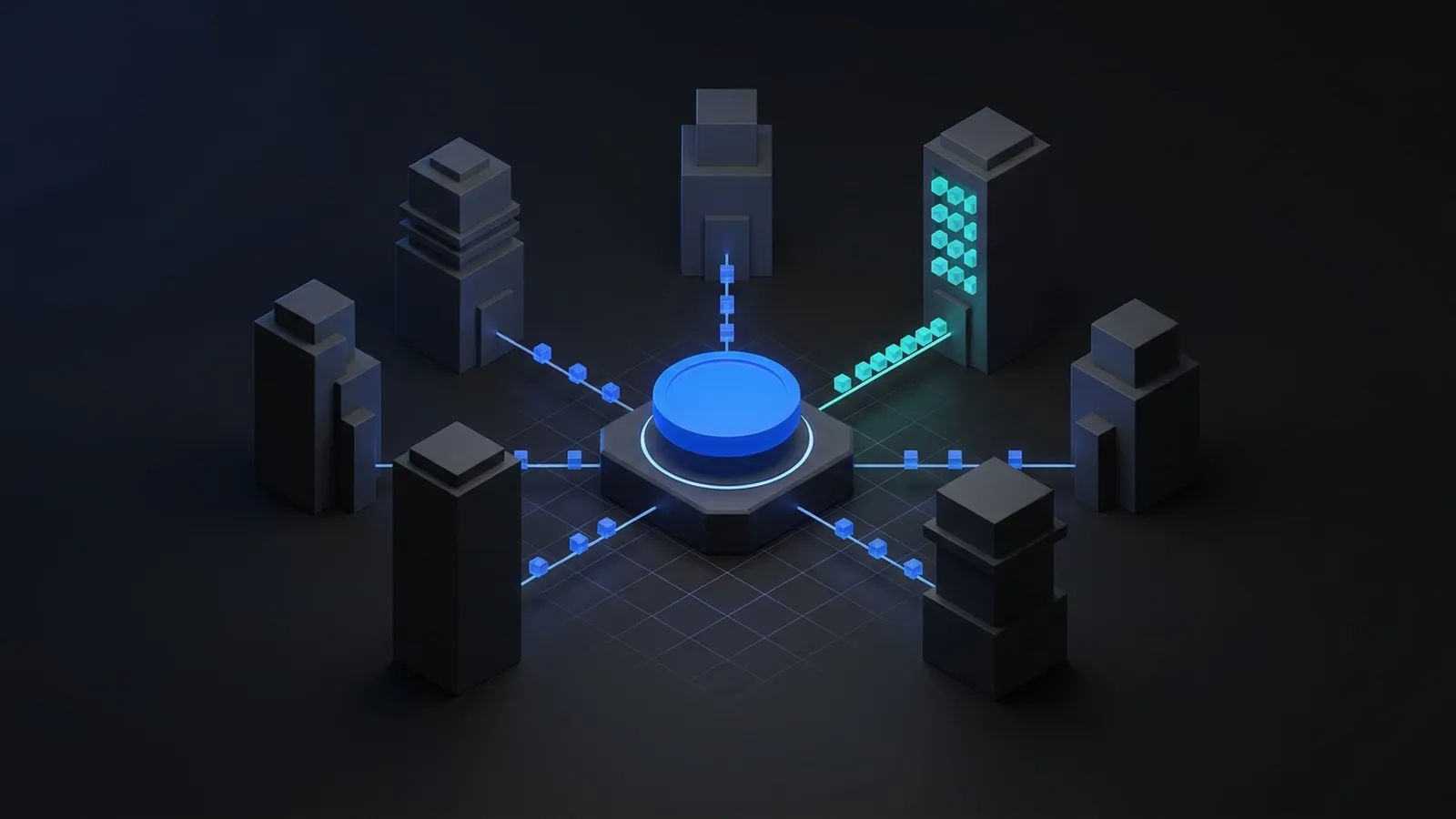 Illustration of exchange towers connected to a token
