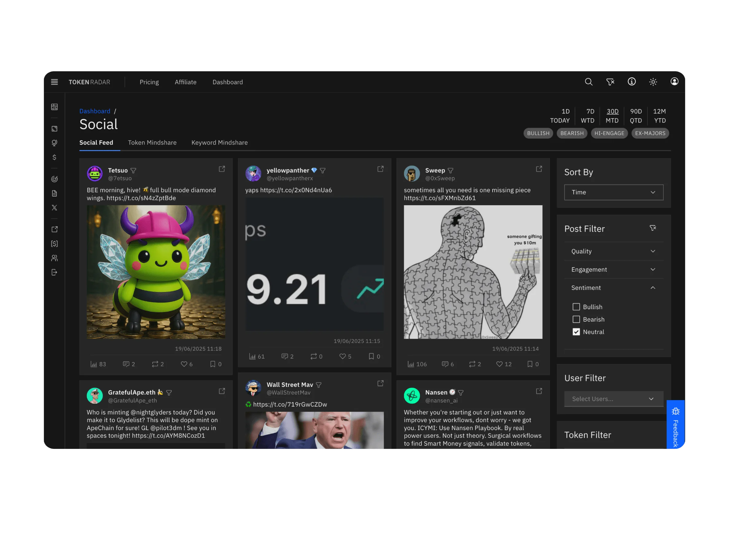Token Radar crypto social feed: X posts from crypto accounts with quality, engagement and sentiment filters