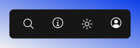 The header tools: search, the help panel, the theme switch and the account menu.