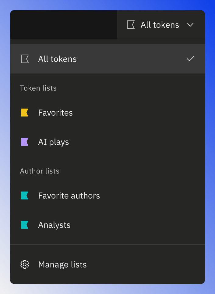 The list menu in the header, with No favorites and your token and author lists.