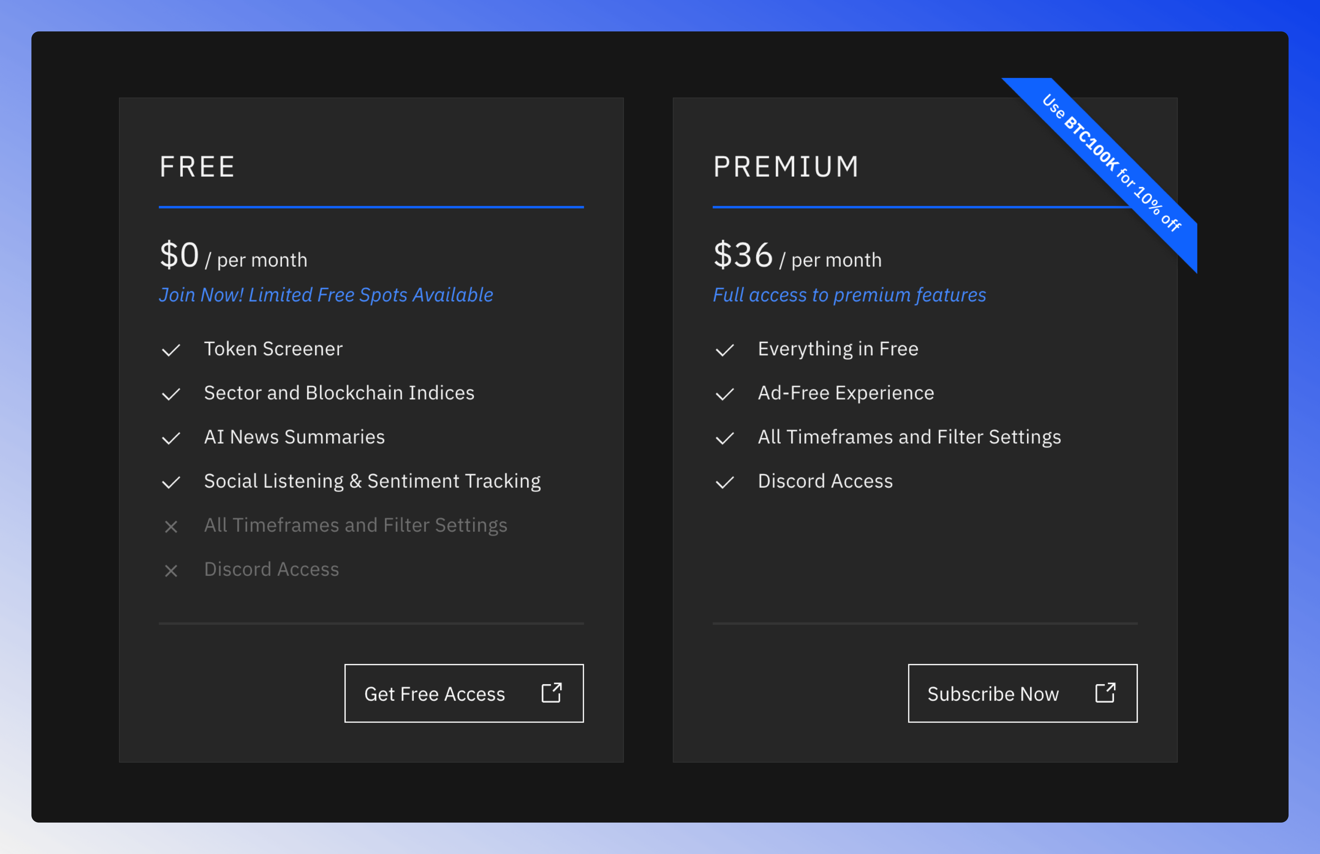 Screenshot of the Pricing Plans page showing pricing plans details