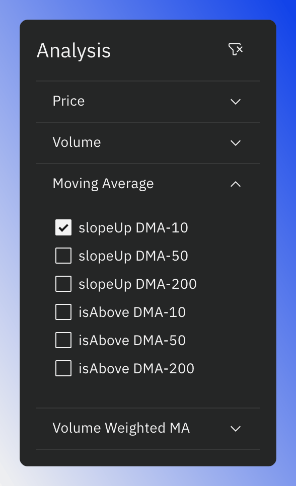 Crypto screener analysis filter with the Moving Average options expanded
