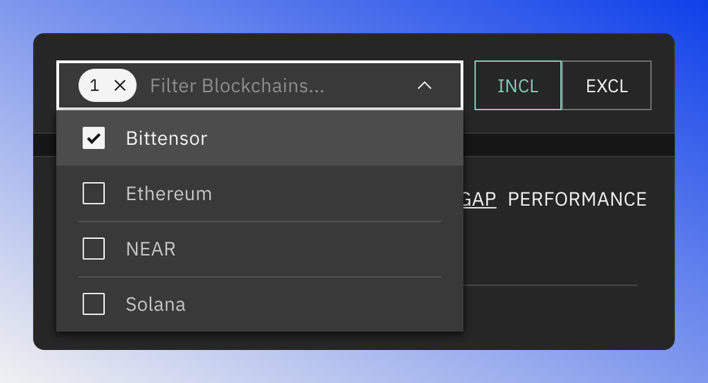 Blockchain filter for narrowing token list by blockchain