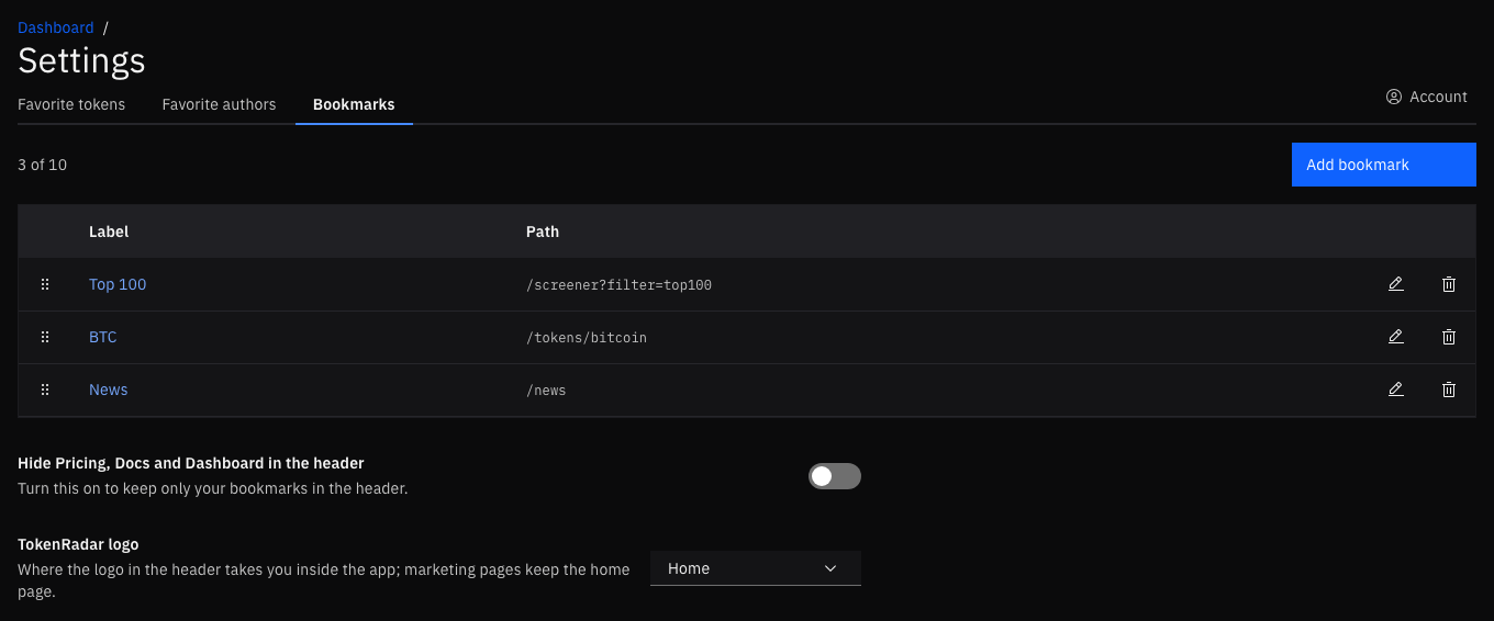 The Bookmarks settings page with the saved bookmarks and the header options