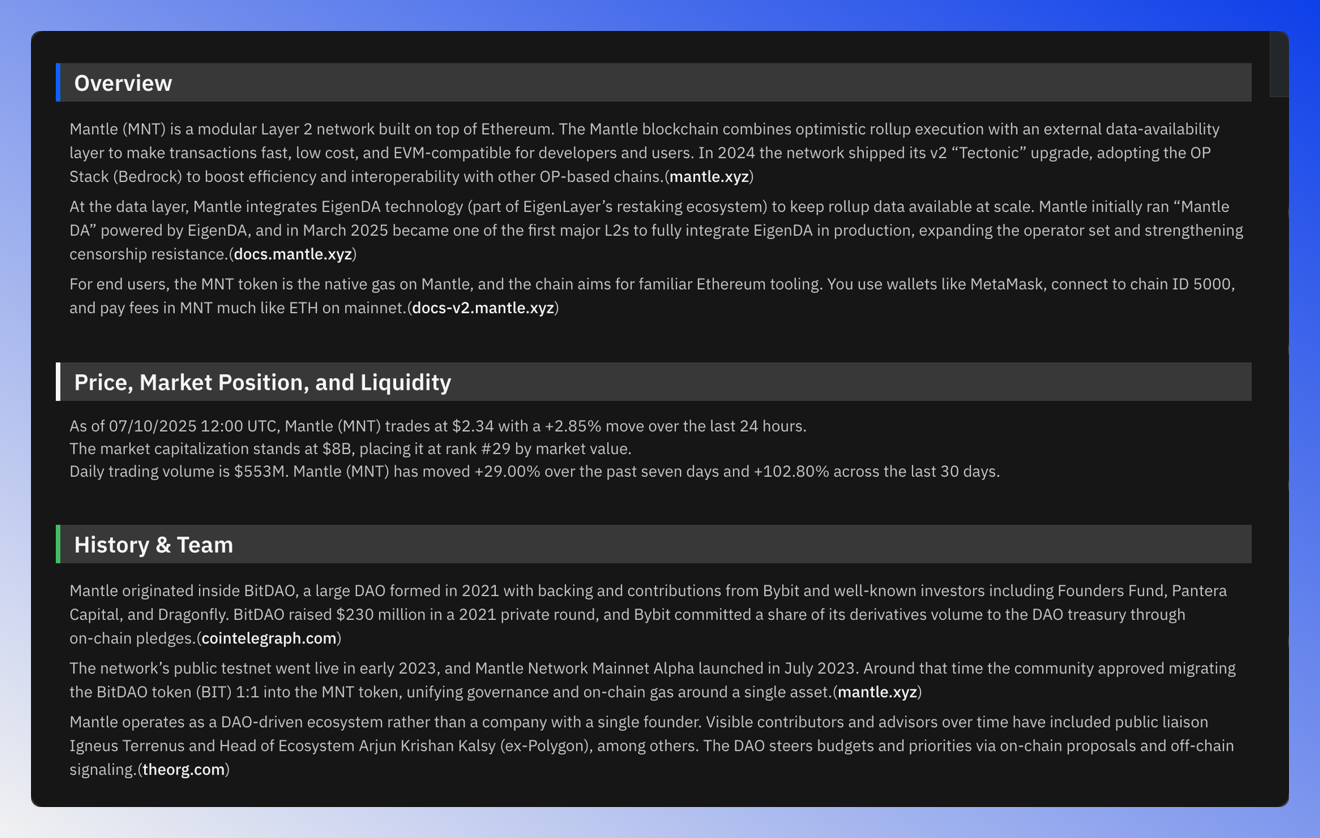 Comprehensive token description showing detailed sections