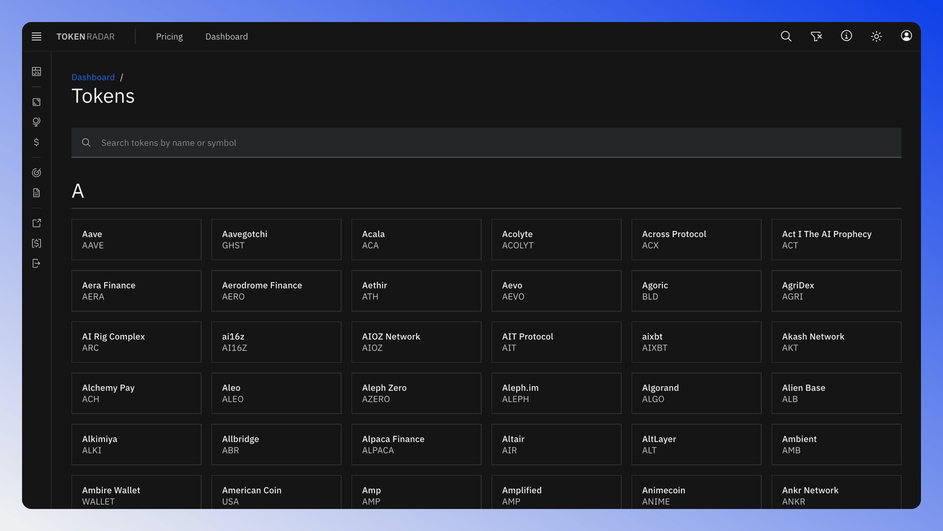 Token list view showing the grid layout of cryptocurrency tokens