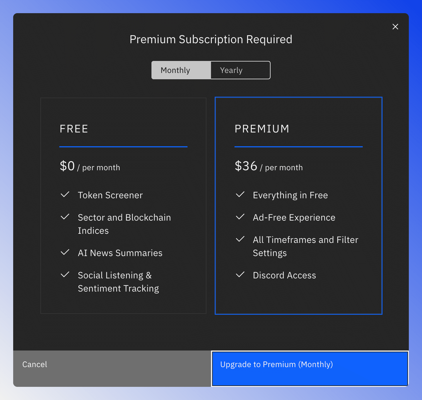 The upgrade dialog that opens when you pick a Premium time range.
