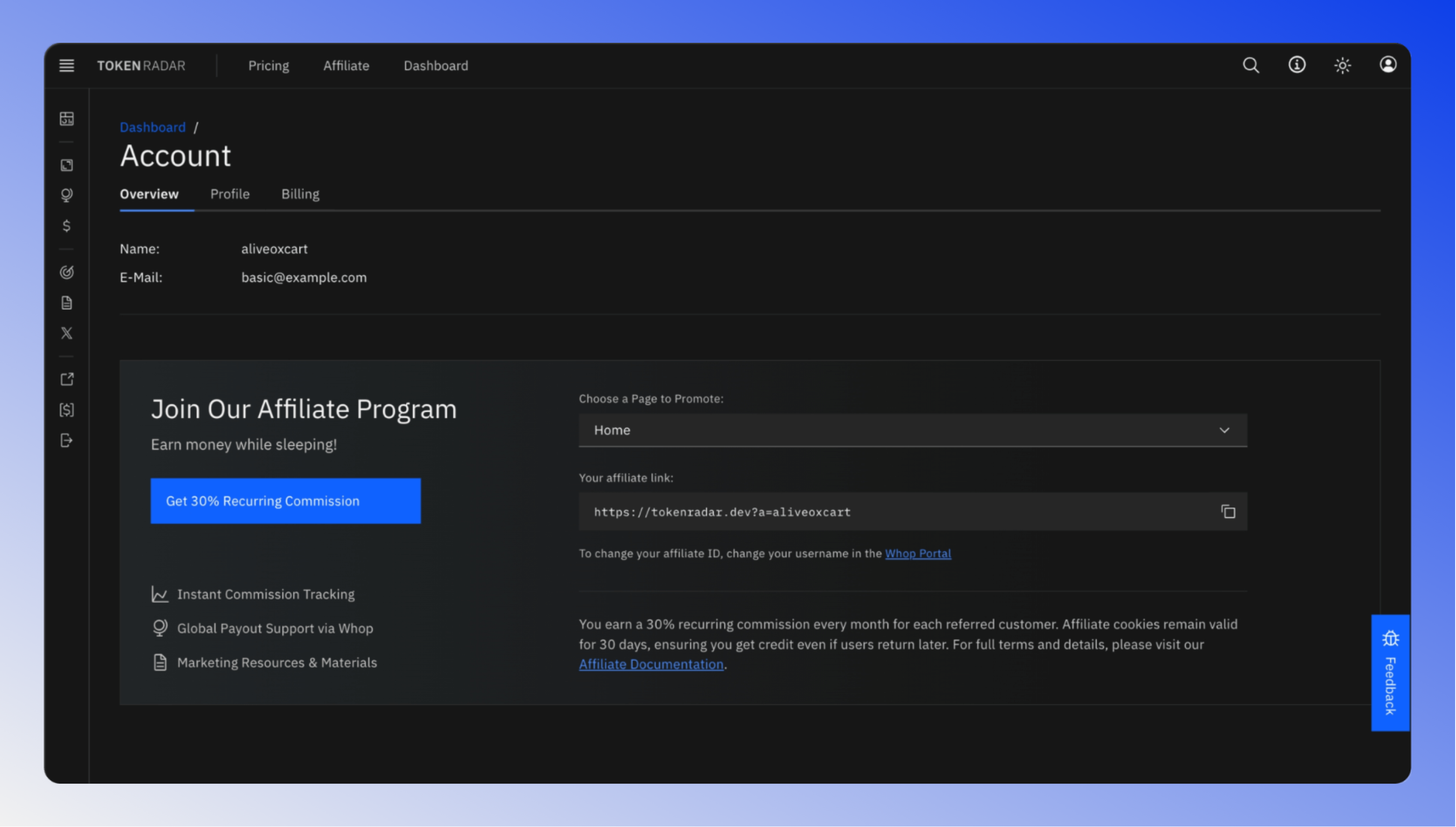 Screenshot of the Affiliate Program page showing affiliate program details