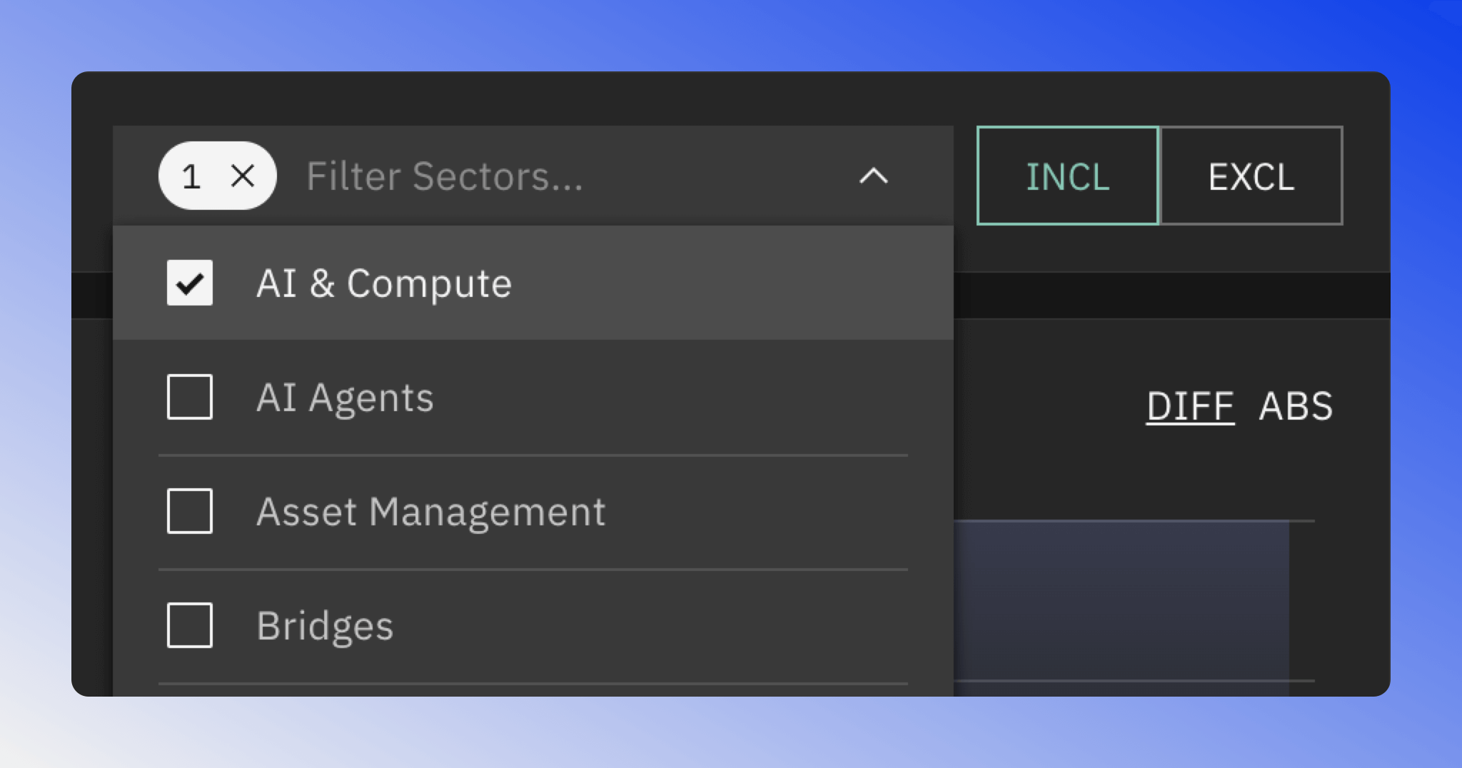 Sector filter interface for selecting tokens by sector