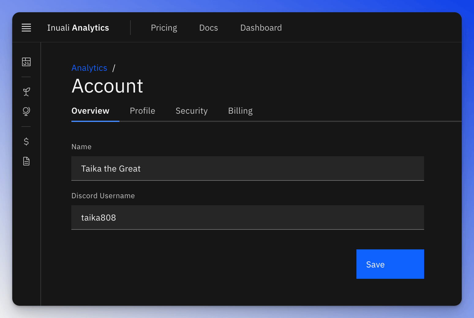 Token Radar account management page for adding Discord username.