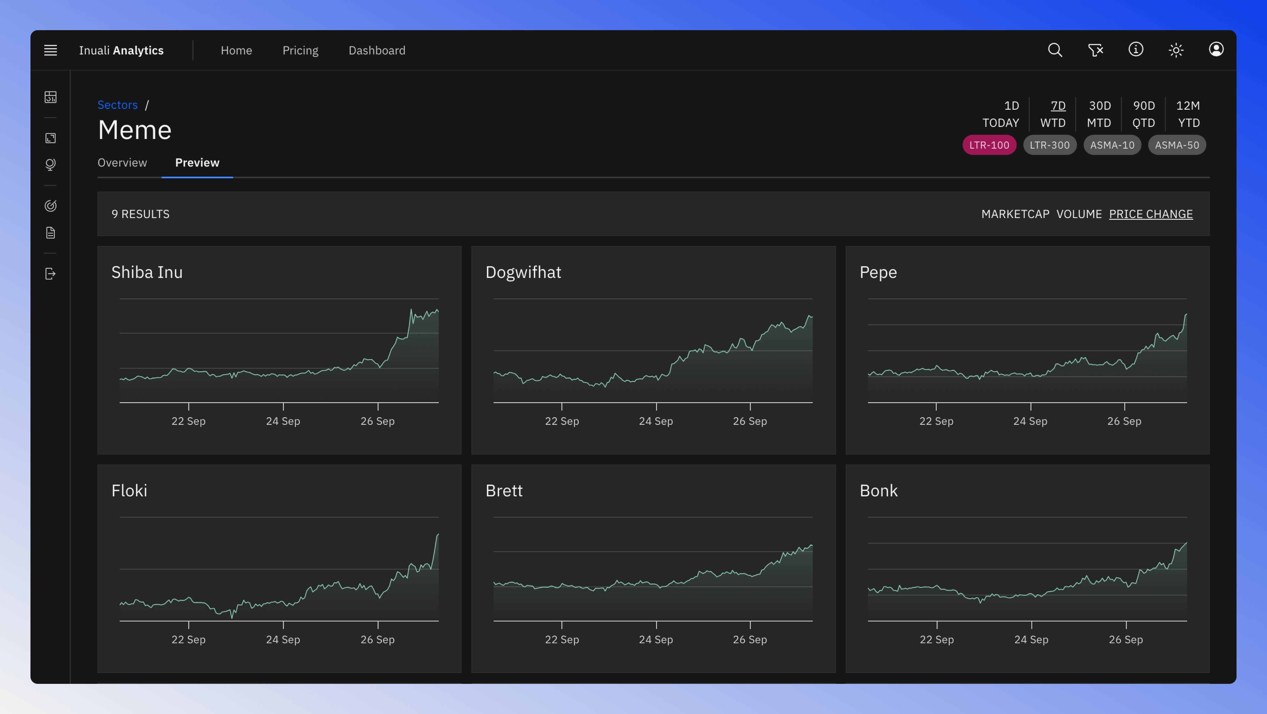 Price preview grid showing mini price charts for tokens