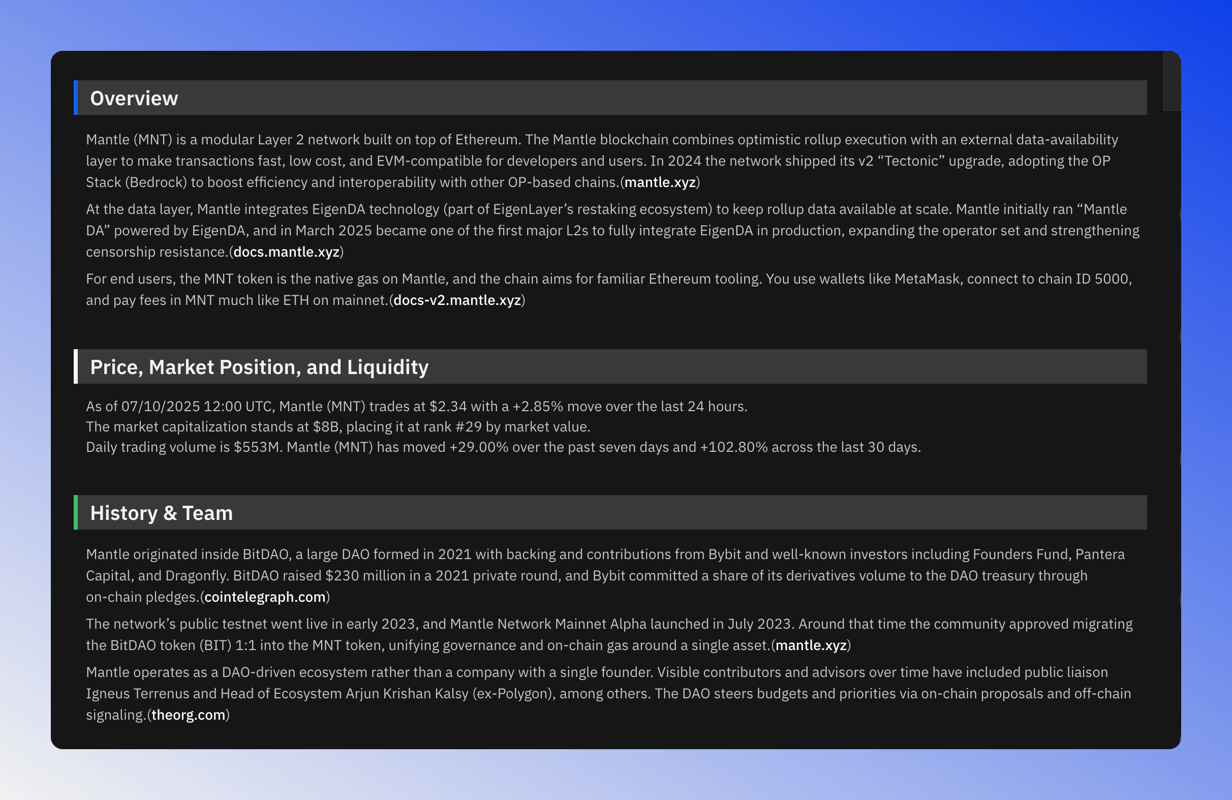 Comprehensive token description showing detailed sections