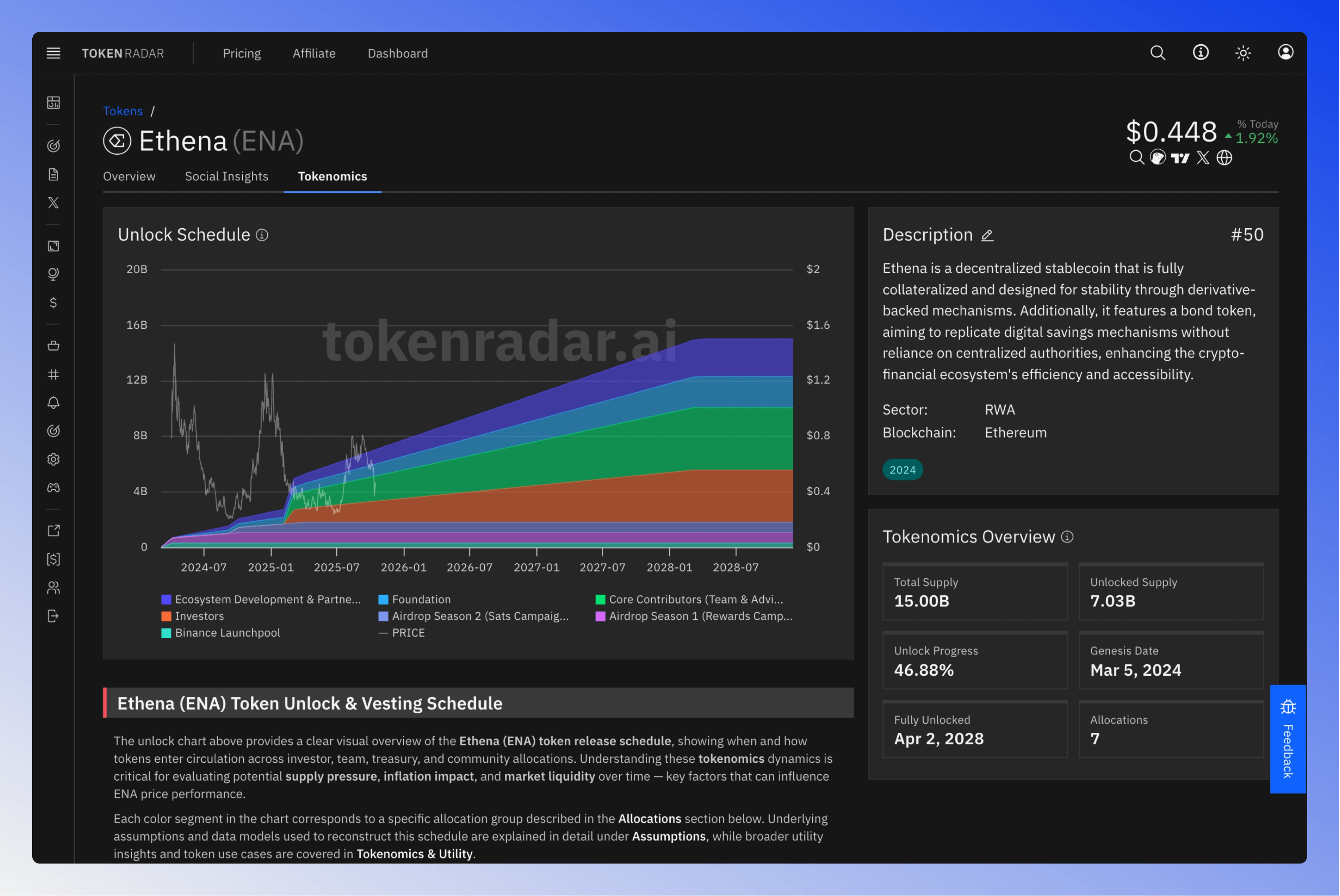 Token unlock overview showing the tokenomics page.