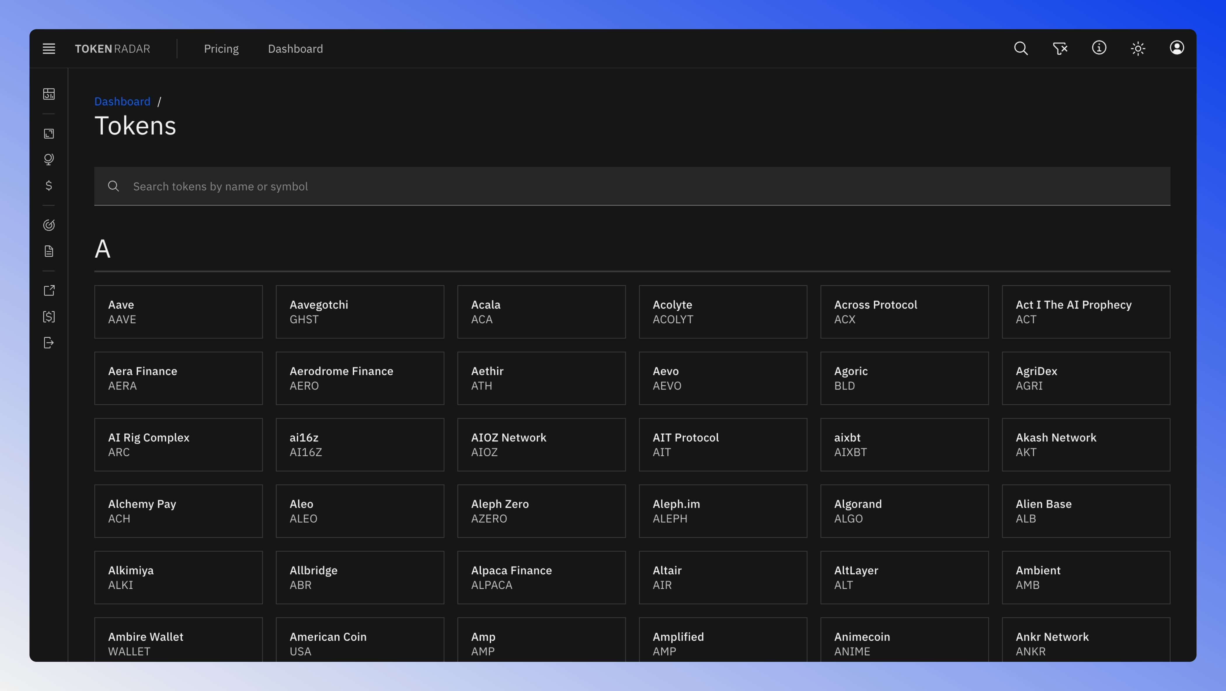 Alphabetical listing of tokens with key metrics and information.